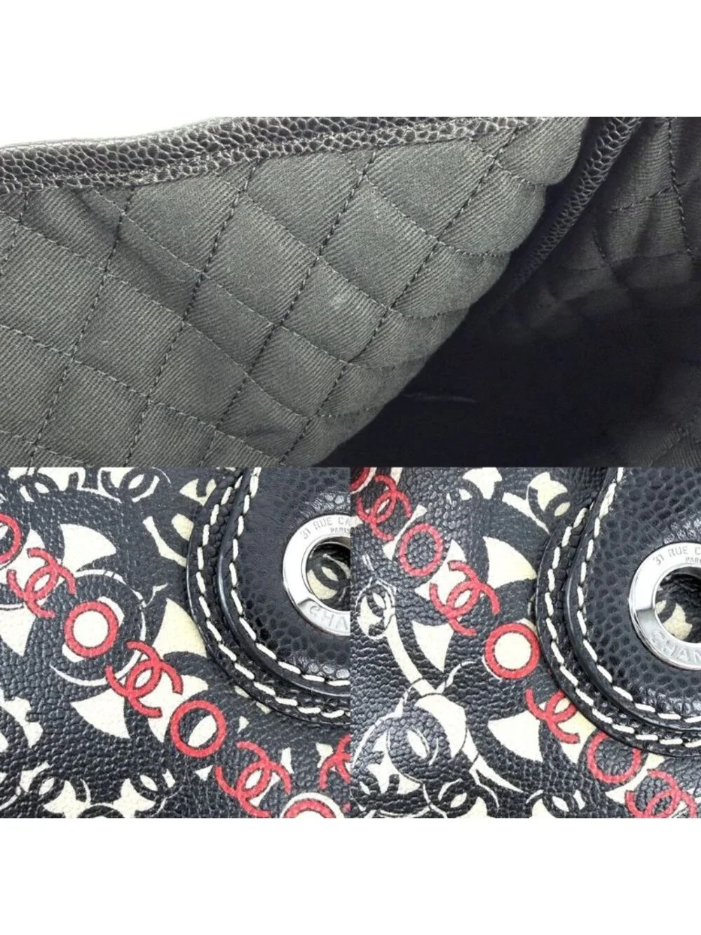 Chanel Tote Coco Travel Handbag CC Logo Shoulder Canvas Leather Black Red Silver